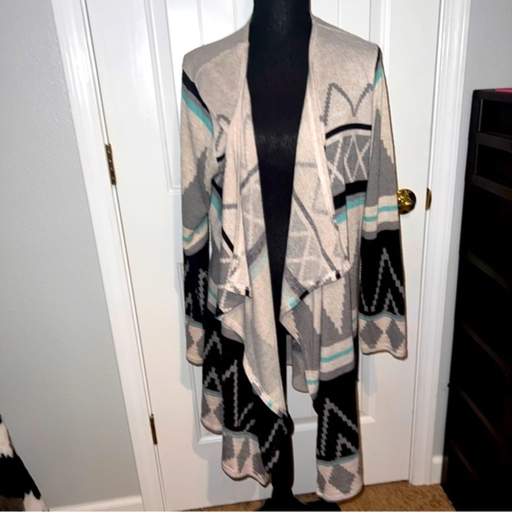 ALMOST FAMOUS Ladies' XL OPEN-FRONT SWEATER/CARDIGAN (Hooded; gray/teal)